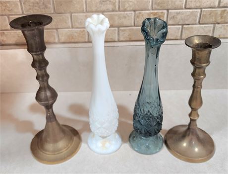 Swung Vase, Milk Glass, Candle Holders