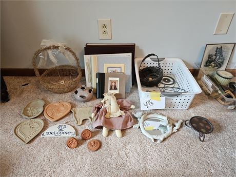 Mixed Decor Lot: Bird Mirror/Metal Baskets/Brown Bag Cookie Art Molds & More