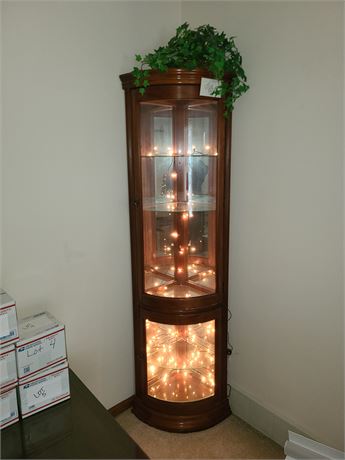 Lighted Wood Corner Curio Cabinet with Convex Curved Glass