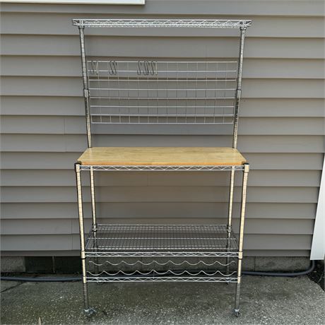 Rolling Bakers Rack with Chrome Wire Shelving, Hardwood Board & Hooks