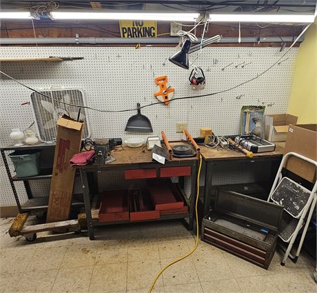 Work Bench Table Cleanout- Dolly, Light, Bench Vise, Small Shelving, Box Fan &