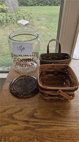 Glass Springwater Cookie Jar & Longaberger Baskets