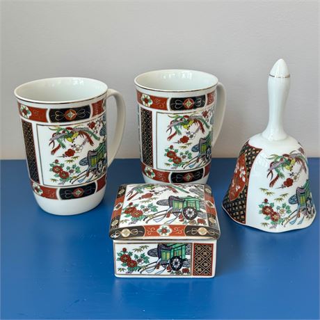 Vintage Imari Japan Porcelain 4 Piece Set - Trinket Holder, Bell, & Mugs