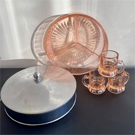 Divided Pink Depression Glass Dish w/ Caddy and More