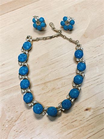 1950s Lisner Faux Blue Turquoise Cabochon Choker & Clip On Earrings Set