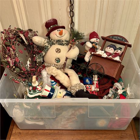 Tote Filled w/ Mixed Christmas Decor - Folky Snowmen, Nutcrackers and Much More!