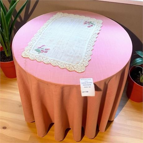 Round Wood Decorator Table W/Pink Cover & Handmade Placemat