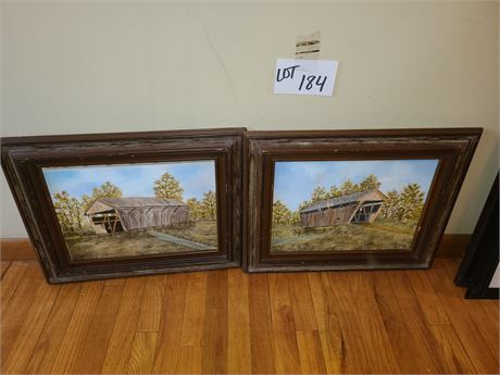 Signed M.Flowers Covered Bridge Oil on Board Paintings