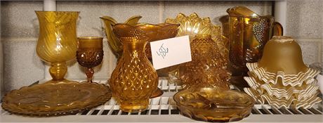 Mixed Amber Glass Lot:Hobnail/Indiana/Light Covers/Platters/Vases & More