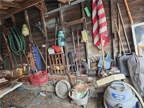 Large Garage Wall Cleanout:Yard & Garden Tools/Rope/Hoses/Jacks & More