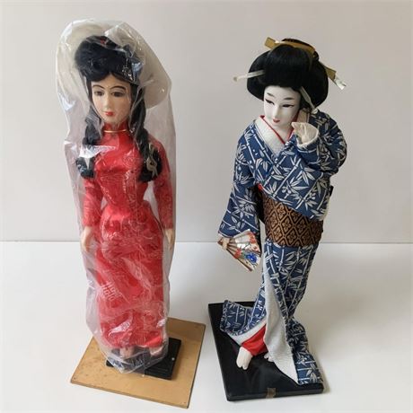 Japanese Geisha Dolls W/Traditional Kimono Costumes (Set of 2)