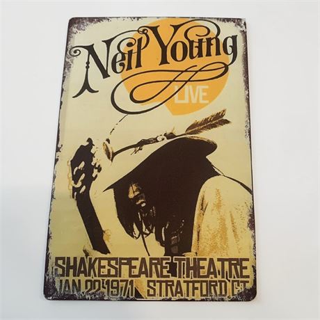 Neil Young Metal Plaque Sign 1971 Concert at Shakespeare Theatre in Connecticut