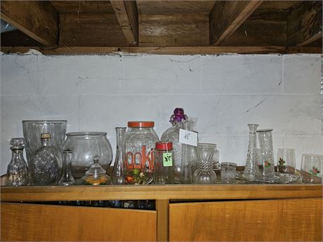 Mixed Glass Lot: Vases / Juice Glasses / Cookie Jar & More
