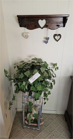 Wicker Plant Stand With Faux Floral & Wood Heart Shelf