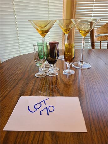 Elegant Amber Long Stem Etched Furn Martini Glasses & (5) Swirl Stem Glasses