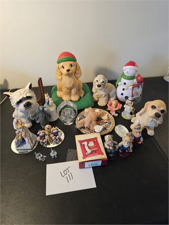 Mixed Figurine Lot: Dog Statues, Figurines, Christmas & More