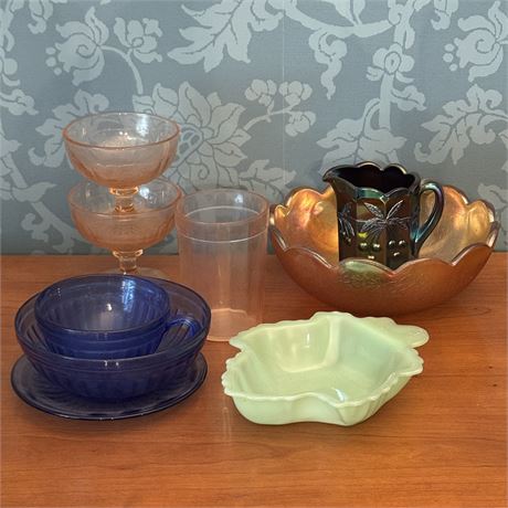 Mixed Depression Glass Lot - Pink, Blue, Carnival, Jadeite Leaf Dish