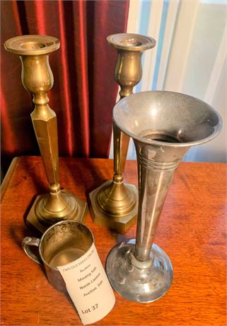 Reed & Barton Engraved Silver-Plated Baby Cup, Bud Vase, Brass Candle Holders
