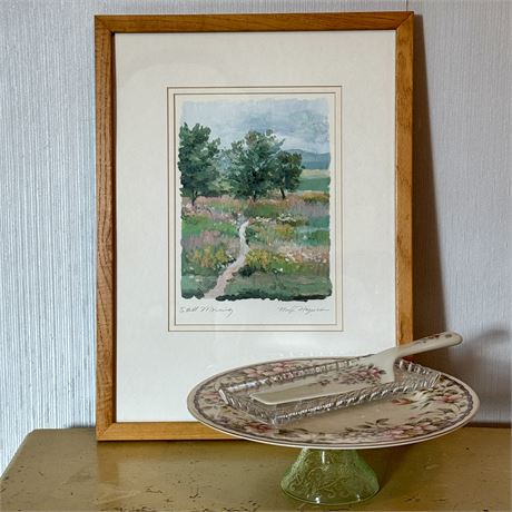 Artist Signed Painting and Unique Handmade Cake Stand