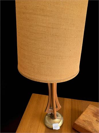 MCM Sculpted Walnut Wood and Brass Lamp W/Shade