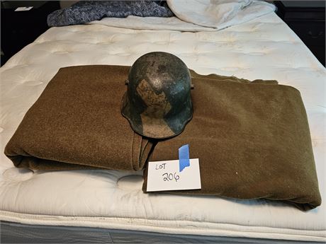 Military Wool Blankets & Original WW1 German Helmet with Camo Paint Pattern