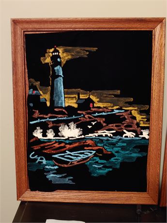 Vintage Black Velvet Painting of Lighthouse