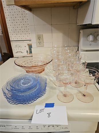 Tiffan-Franciscan Pink Champagne Glasses & New Martinsville Luncheon Plates