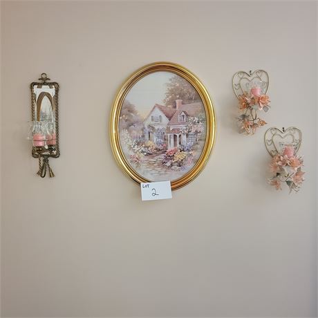 Homco Pastel Oval Cottage Print / Mirror Sconce & Matching Heart Sconces