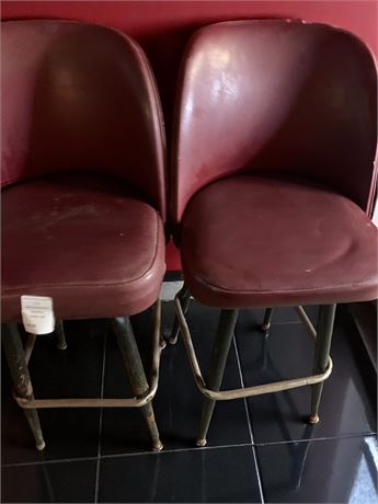 Vinyl Upholstered Metal Framed Bar Stools/Chairs With Back In Maroon (Vintage)