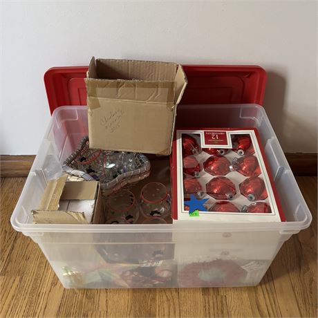 Tote of Mixed Christmas Ornaments and Decor