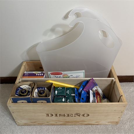 New Household Lot in Wood Crate - Light Bulbs, Wrapping Storage and More