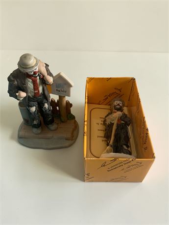 Emmett Kelly Jr. Weary Willie Hobo Clown Figurines Sweeping Up & Hitch-Hiker
