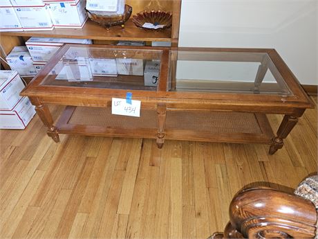 Wood Beveled Glass & Cane Coffee Table