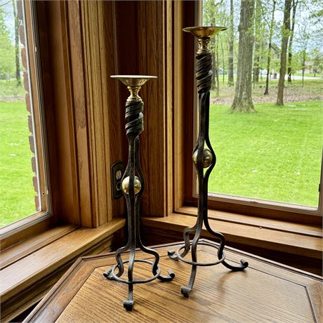 Tall Wrought Iron and Brass Candle Holders - 23" Tallest
