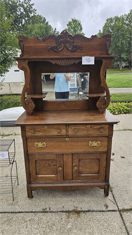 Antique Oak Sideboard with Beveled Mirror