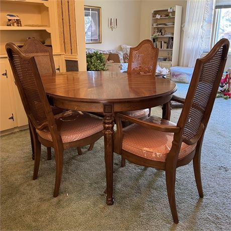 Vintage 7-Piece Dining Set w/ Cane Back Chairs (2 Captain); Single Leaf + Cover