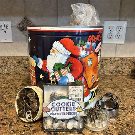 LARGE Tin Filled with Assorted Cookie Cutters and Related