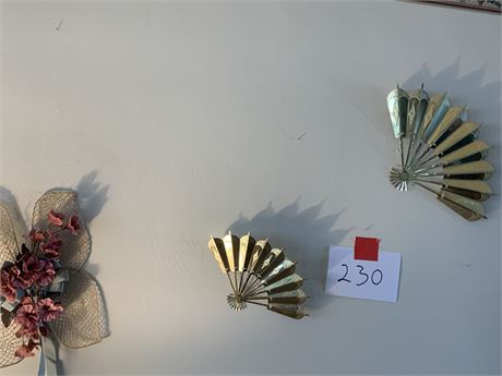 Vintage MCM Brass Metal Fan Wall Art Set & Vintage Rattan Floral Butterfly Art