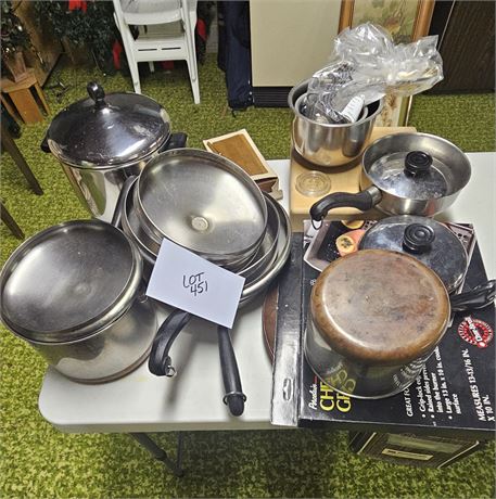 Mixed Kitchen Lot: Revereware & Faberware Pots & Pans, Cutting Board & More