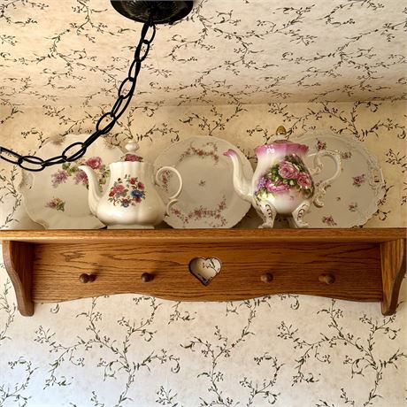 Wooden Wall Shelf with Coat Pegs AND Contents! - 36"L x 7.25"D