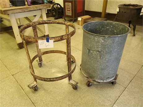 Heavy Metal Industrial Barrel Holder on Wheels & Large Galvanized Storage Can