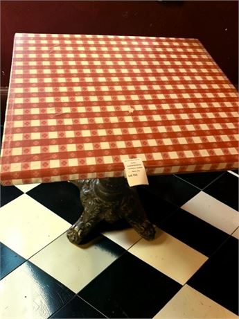 Square Plywood Table W/Cast Iron Base & Checkered Vinyl Tablecloth