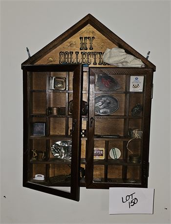 My Collection Shadowbox With Belt Buckles, Brass Whistles, Tins & More