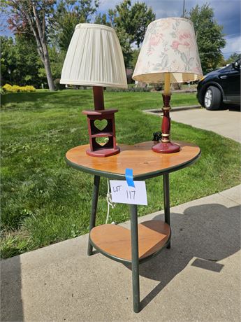 Country Style Wood Heart Table & Burgundy Country Style Table Lamps