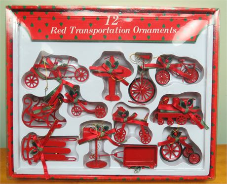 Box Of 12 Red Transportation Ornaments