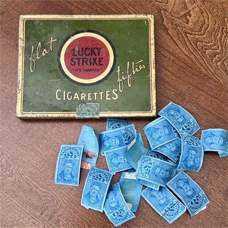 Old Lucky Strike Tin Filled w/ Cigarette Tax Stamps