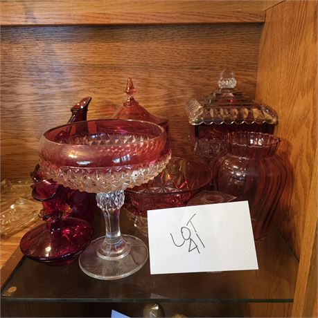 Vintage Ruby & Flash Glass Lot: Fostoria Ruby Coin Lidded Vase & Much More