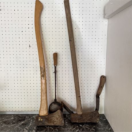 Mixed Lot - Vintage Minute Pie Mold, Grass Sickle and Axes