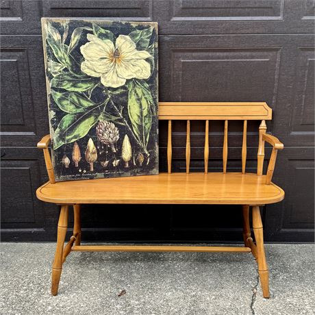 Mid Century Wooden Entryway Bench & Burlap Wall Art