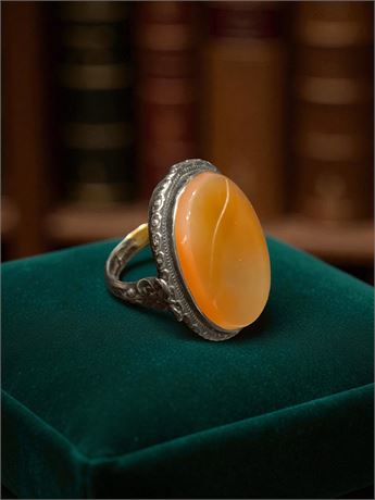 1920s Art Deco Sterling Silver Carved Butterscotch Stone Ring Size 4.5